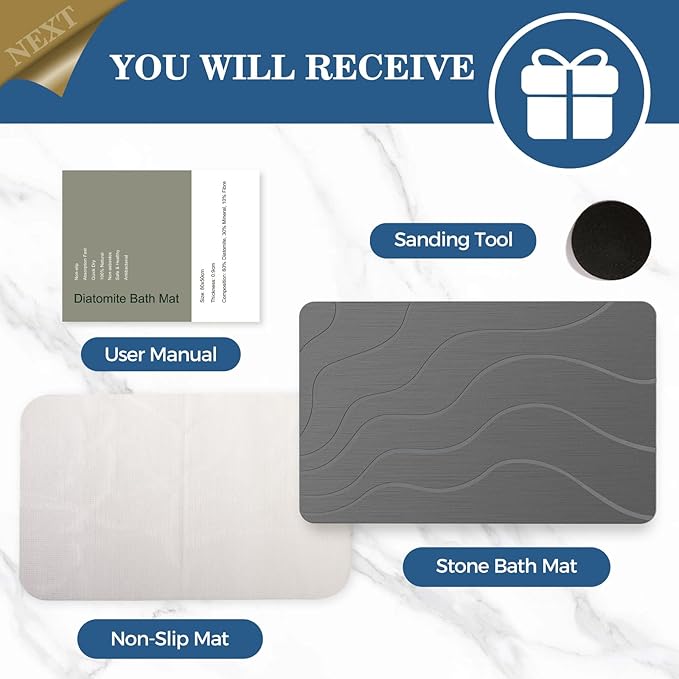 Stone Bath Mat Diatomaceous Earth Non-Slip Shower Mat,Quick Drying Diatomite Bath Stone Mat for Bathroom Floor -Super Absorbent,Natural, Easy to Clean(24×16" Grey)