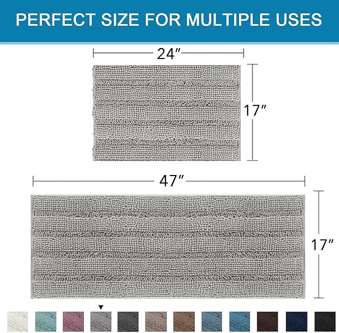 Non Slip Thick Shaggy Chenille Bathroom Rug Mat Set Extra Soft and Absorbent Striped Floor Rugs, 2 Piece, Machine-Washable