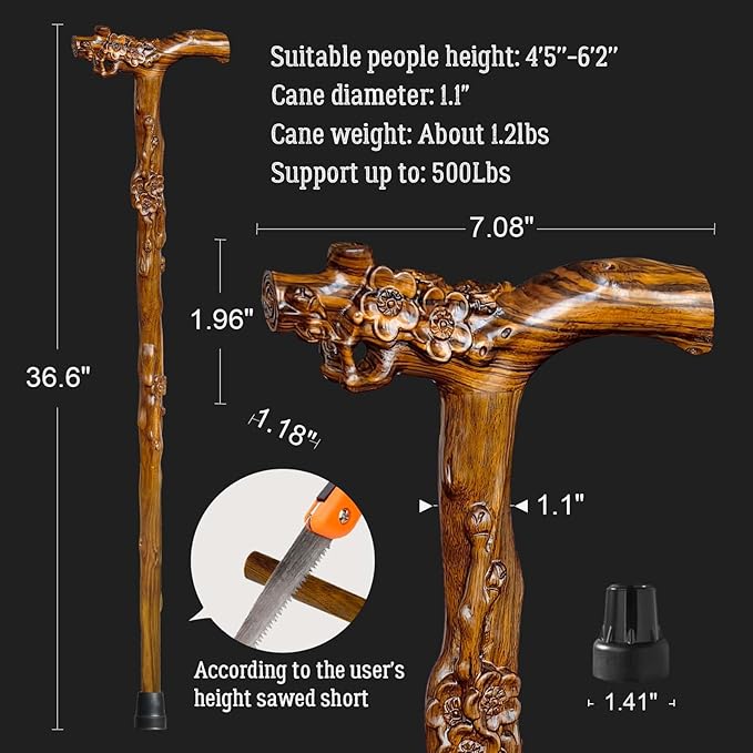 Wooden Walking Cane, Hand-Carved Wood Walking Cane for Men and Women, with Massage Function Support up to 500lbs, High-end Canes for Seniors Suitable for Gift Giving