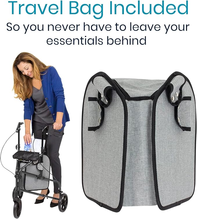 Vive Mobility 3 Wheel Walker - Three Wheeled Rollator for Seniors - Lightweight, Foldable, Narrow, Heavy Duty - for Elderly Men Women - Folding 3-Wheel Tri Scooter with Basket Bag