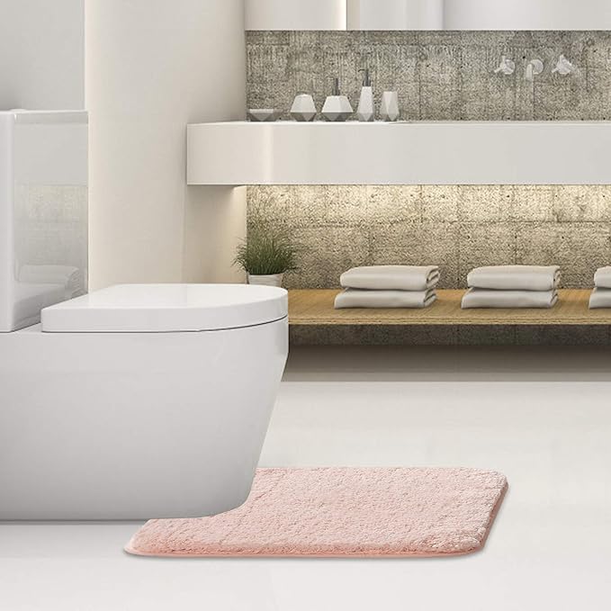 Suchtale Bathroom Contour Rug Non Slip Bath Mat Water Absorbent Soft Microfiber Shaggy Bathroom Mat Machine Washable Bath Rug for Bathroom Thick Plush U Shape Toilet Rug (20 x 24, Blush)