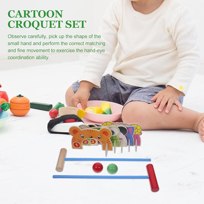 DECHOUS Croquet Sets for Kids: Jungle Animal Wooden Croquet Game Set Outdoor Indoor Parent-Child Interactive Preschool Toy for Children Adults Assorted Color