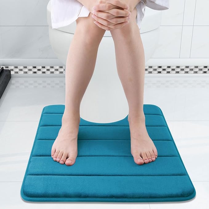 Buganda Memory Foam U-Shaped Contour Toilet Rugs, Non Slip Absorbent, Thick Soft Washable Bathroom Mat, Floor Carpet Bath Rugs Mat for Toilet Base (24" x 20", Peacock Blue)