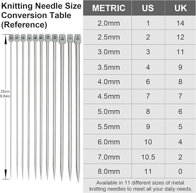 Aeelike 11 Pairs Knitting Needles Set - Stainless Steel Knitting Needles Single Point with Roll Bag - Portable Metal Knittings Needle Set for Beginners Size 2mm to 8mm