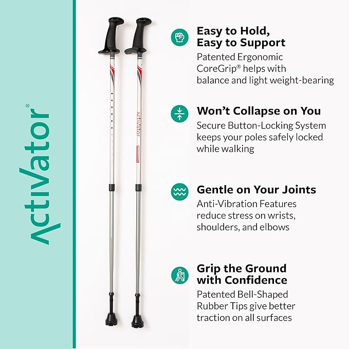 Urban Poling ACTIVATOR® Walking Poles for Balance and Rehabilitation – 1 Pair – Ergonomic CoreGrip™ Handles – Adjustable, Collapsible, and Lightweight for Stability and Recovery in Silver/Red