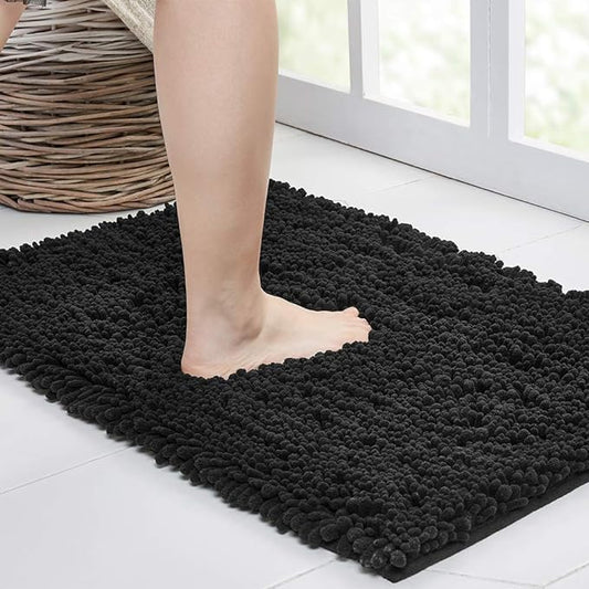 Walensee Bathroom Rug Non Slip Bath Mat (44x24 Inch Black) Water Absorbent Super Soft Shaggy Chenille Machine Washable Dry Extra Thick Perfect Absorbant Best Large Plush Carpet for Shower Floor