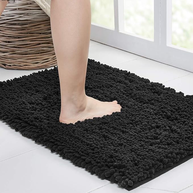 Walensee Large Bathroom Rug Non Slip Bath Mat (72x24 Inch Black) Water Absorbent Super Soft Shaggy Chenille Machine Washable Dry Extra Thick Perfect Absorbant Best Plush Carpet for Shower Floor