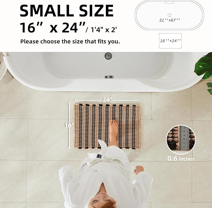 Waffle Bath Mat, Boho Bathroom Rugs Non Slip Washable Super Absorbent Quick Dry Bath Mat Farmhouse Bathroom Decor, 24"x16" Black and Khaki