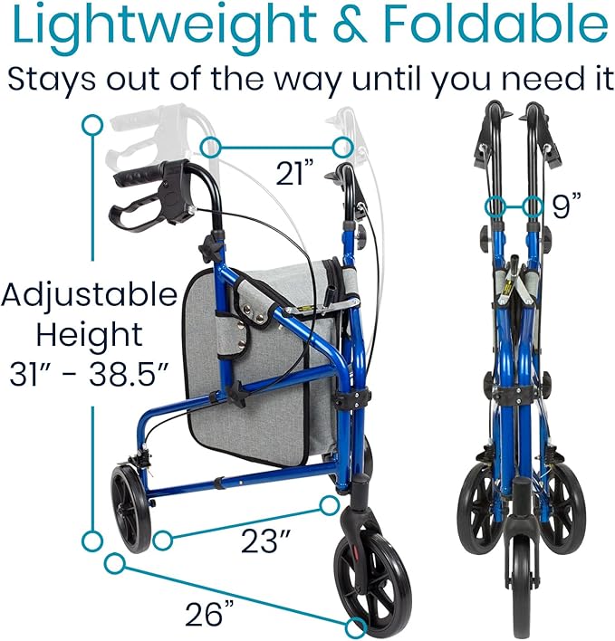 Vive Mobility 3 Wheel Walker - Three Wheeled Rollator for Seniors - Lightweight, Foldable, Narrow, Heavy Duty - for Elderly Men Women - Folding 3-Wheel Tri Scooter with Basket Bag