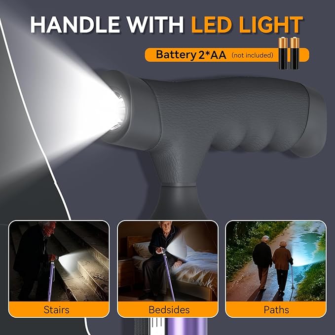 Walking Cane with LED Light for Seniors Men Women, Adjustable Folding Canes for Elderly, Ergonomic Handle & All Terrain Shock Absorbing Base, Walking Sticks for Indoor Outdoor Travel Hiking Support