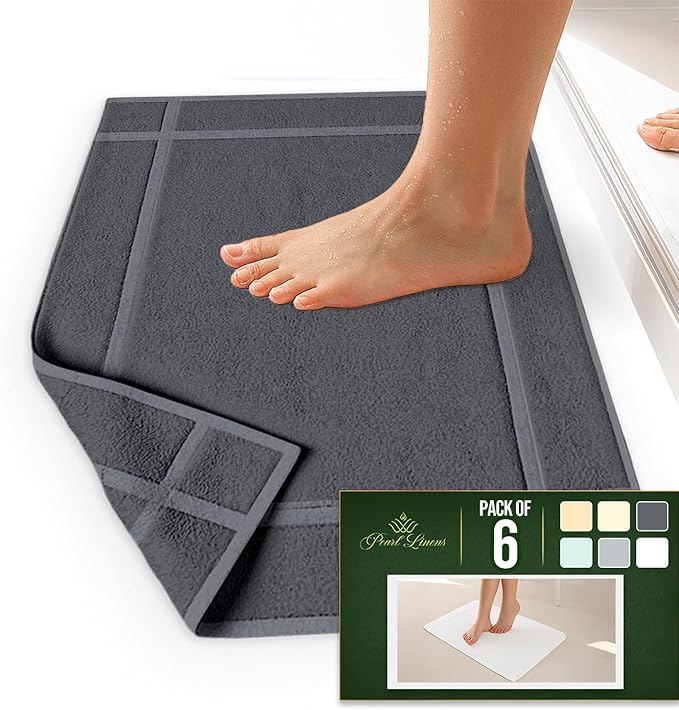 Pearl Linens 100% Ring Spun Cotton Bath Mat (Pack of 6) 20 x 30 Inch, Washable, Soft & Absorbent Terry Bathroom Floor Mat – Not Bathroom Rugs – Quick-Dry After Shower Bath Mat, 687 GSM, Dark Grey
