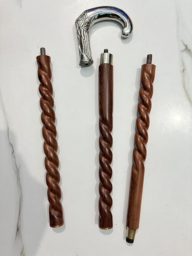 Silver Handle Wooden Walking Cane for Men & Women, Vintage Walking Stick, Twisted Wood Cane, Halloween Costume Prop, Victorian Gentlemen Cane, Antique Brass Walking Stick Gift