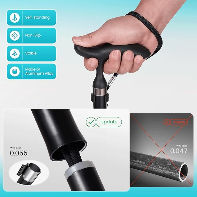 Careboda Foldable Walking Cane, Walking Cane with Adjustable Height, Folding Cane with T-Handle, Free Standing Cane for Seniors & Adults, Mobility and Daily Living Aids, Supports up to 300 lbs, Black