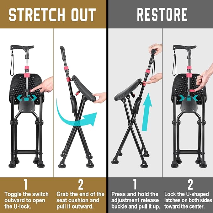 HZZEDNG-Hold 400 lbs Folding Canes with Seat, Allows Durability While Walking and Convenience for Sitting, Aluminum Portable Anti-Slip Cane Seat, Height-Adjustable Walking Cane