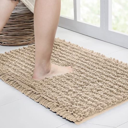 Walensee Bathroom Rug Non Slip Bath Mat (32x20 Inch Beige) Water Absorbent Super Soft Shaggy Chenille Machine Washable Dry Extra Thick Perfect Absorbant Best Large Plush Carpet for Shower Floor