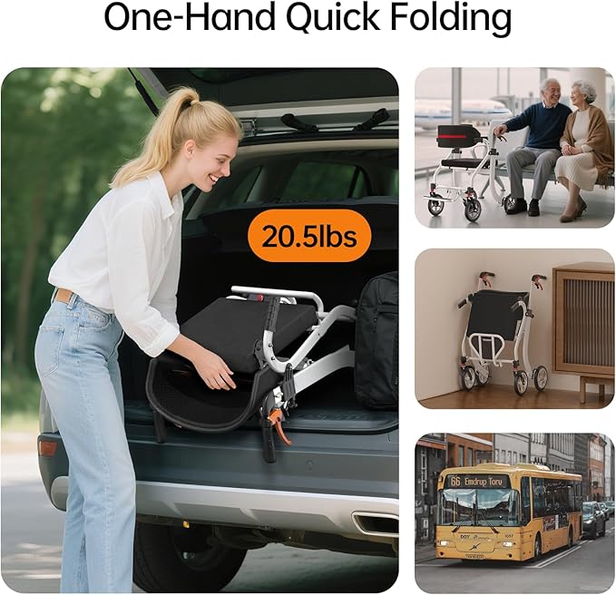 Rollator Walkers for Seniors with Seat, Foldable Lightweight Rolling Walker with 8" All Terrain Wheels, Height Adjustable 2 in 1 Walker Wheelchair Combo with Brake, No Installation, White