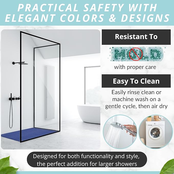 ENKOSI Extra Large Shower Mat Non Slip - 47 x 32 inch - XL Bathroom Shower Mat - Large Shower Matts for Shower Stall Floors - Secure Suction Cups and Drain Holes (47x32 Navy Blue)