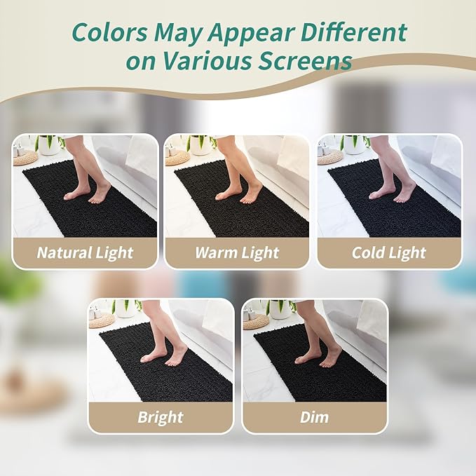 Bathroom Runner Rug 24x70 Non Slip Washable Long Bath Mat for Tub Thick Soft Absorbent Bathroom Floor Mat Large Chenille Bath Rug for Shower, Black