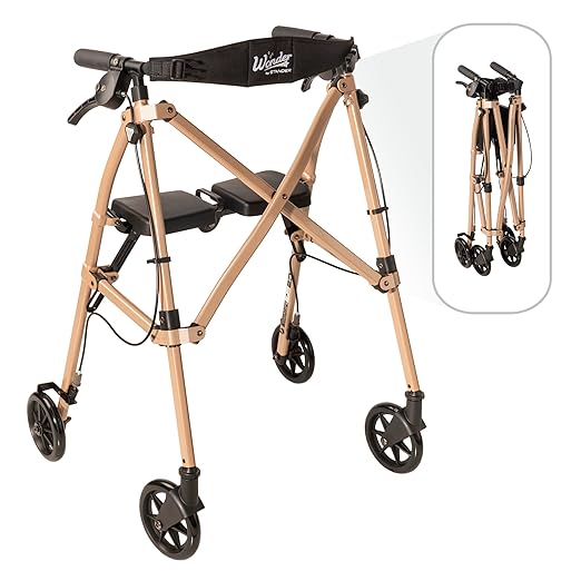 Stander Space Saver Rollator, Lightweight Folding Rolling Walker with Seat for Seniors & Adults, 4-Wheel Mobility Aid with 6-inch Wheels, Locking Brakes & Padded Seat with Backrest, Desert Sand