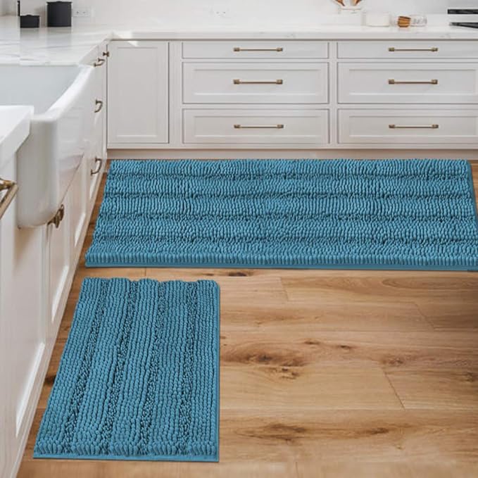 H.VERSAILTEX 2 Piece Bathroom Set - Super Absorbent Chenille Striped Bath Mats - Non Skid, Machine Washable - Turquoise Blue, 47 x 17 Plus 17 x 24 Inches