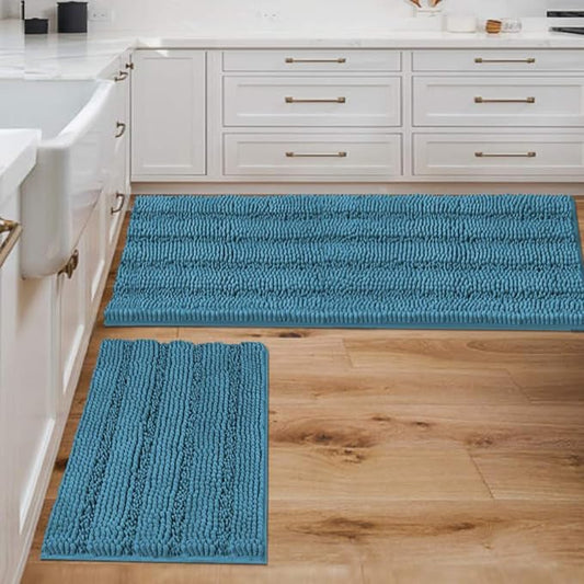 H.VERSAILTEX 2 Piece Bathroom Set - Super Absorbent Chenille Striped Bath Mats - Non Skid, Machine Washable - Turquoise Blue, 47 x 17 Plus 17 x 24 Inches