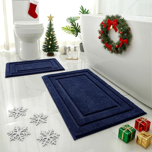 HOMEIDEAS Bathroom Rugs Sets 2 Piece, Super Soft and Absorbent Non Slip Microfiber Machine Washable Bath Mat Set (20" x 32" + 16" x 24", Navy Blue)
