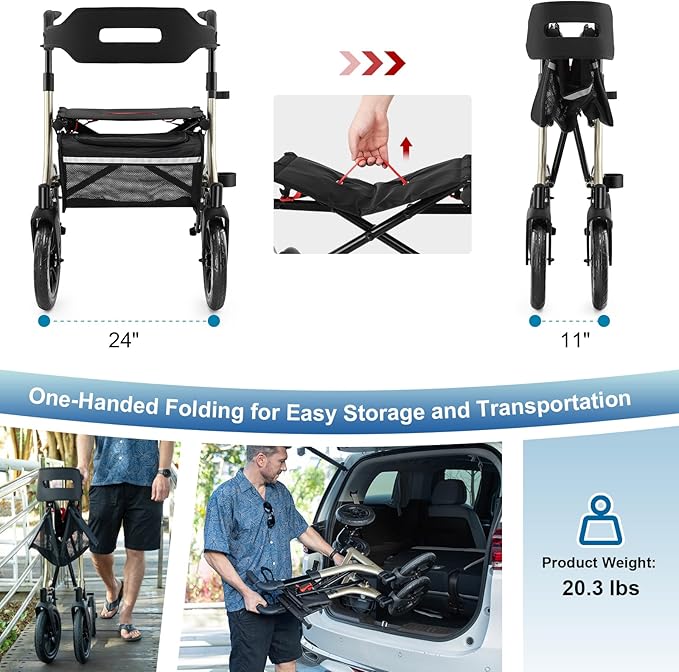 Walkers for Seniors, Rollator Walker with Seat, 12" Big Rubber Wheels All Terrain Rollator Walker with Backrest, Built-in Cable, Cup Holder, Foldable and Height Adjustment for Seniors, Gold