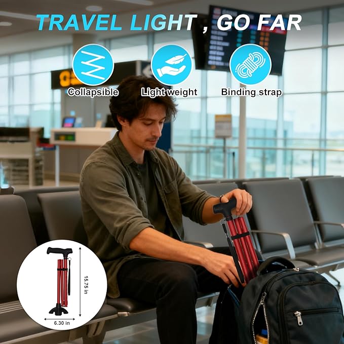 Walking Cane for Women, Extended Grip; Solid Base; Foldable; Adjustable Heights; Lightweight; Free Standing; Portable Canes for Men for Stability (Red)