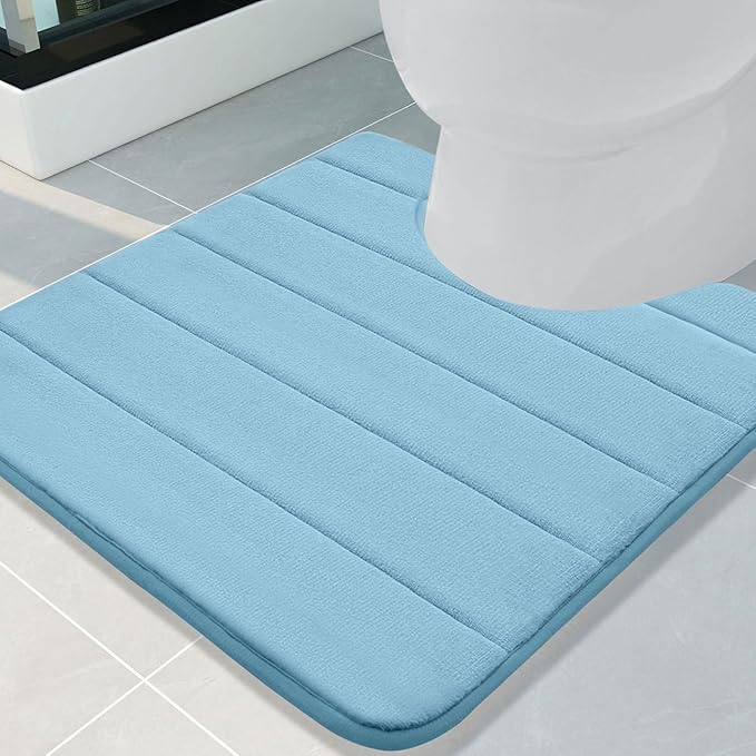 Buganda Memory Foam U-Shaped Contour Toilet Rugs, Non Slip Absorbent, Thick Soft Washable Bathroom Mat, Floor Carpet Bath Rugs Mat for Toilet Base (24" x 24", Blue)