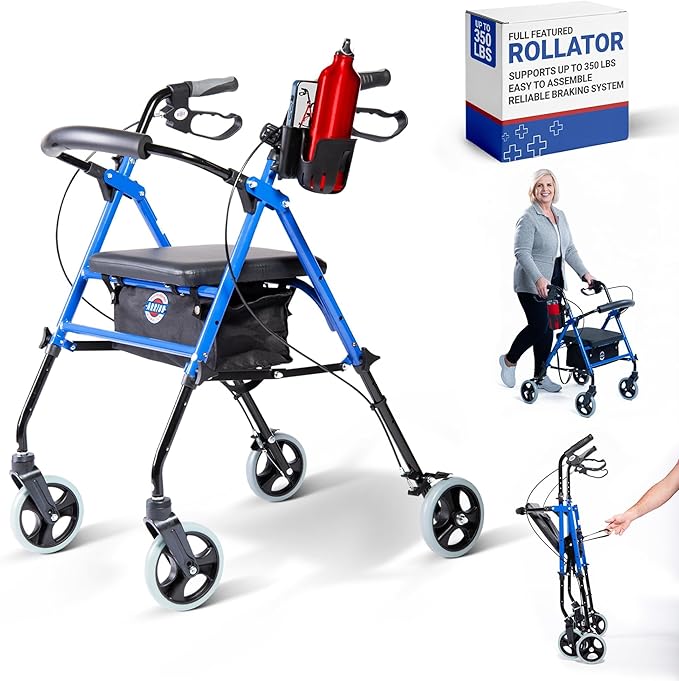 Arrigo Premium Rollator Walker with Large Cushioned Seat, Cup & Phone Holder and More – Folding, 4-Wheel Steel Rolling Walker with Brakes & Zippered Storage – Adjustable Height 350 lbs Capacity