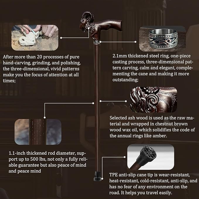 Hand Carved Wooden Cane Ultra Lightweight 0.88 lbs Support up to 500 lbs Walking Cane for Men and Women High-end Solid Wood Canes for Seniors with 3 Tips for City Trekking Daily Use