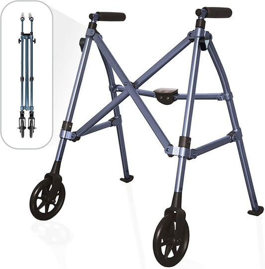 Stander Space Saver Walker Short, Lightweight Folding Rolling Mobility Aid for Juniors & Petite Adults, Compact 2-Wheel Disability Device with 6-inch Wheels & Rear Ski Glides, Cobalt Blue
