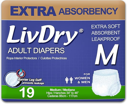 LivDry Adult Incontinence Underwear, Extra Absorbency Adult Diapers, Leak Protection, Medium, 19-Pack
