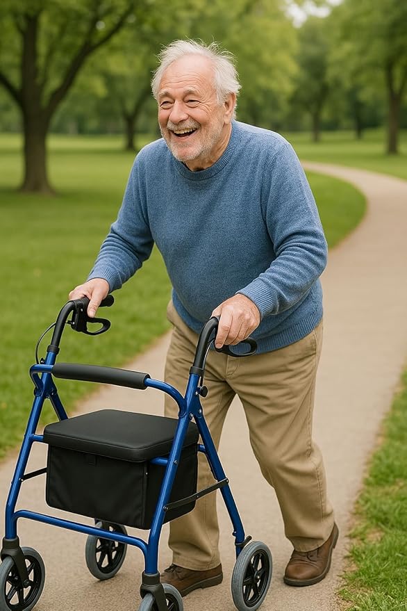 Caring 4-Wheel Rollator Walker for Seniors – Blue Rolling Walker with Seat, Hand Brakes & Storage – Heavy Duty Frame Supports 350 lbs – Foldable Mobility Aid