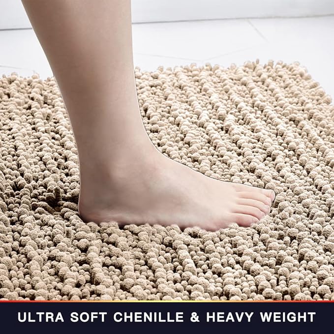 Walensee Bathroom Rug 2 Pieces Set Non Slip Bath Mat (20"x32" Plus 20"x32" Beige) Water Absorbent Super Soft Shaggy Chenille Machine Washable Dry Extra Thick Perfect Carpet for Shower Floor