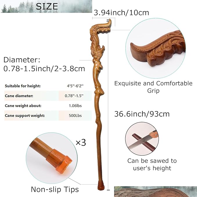 Wooden Walking Canes for Men and Women, Natural Rosewood Walking Sticks for Senior Support, Up to 500 Lbs Walking Stick, Heavy-Duty Walking Cane for Men, Suitable for Gift Giving