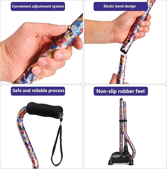 Walking Cane for Women & Men, Adjustable Quad Cane with 4-Prong Base for Stability and Balance, Folding Aluminum Walking Stick for Seniors