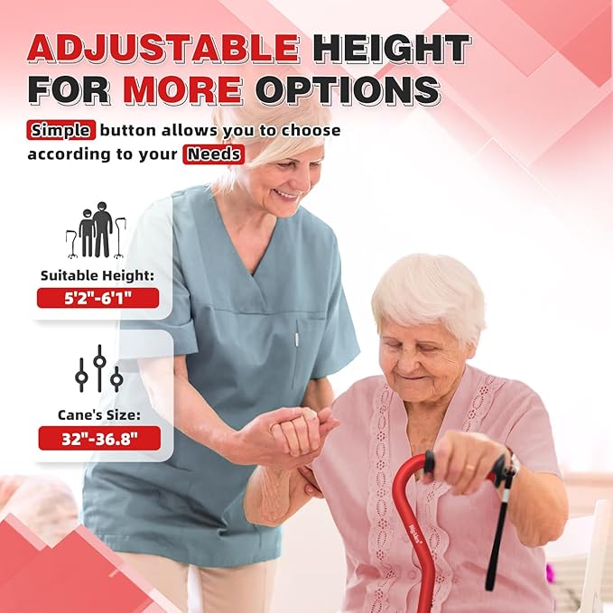 BigAlex Quad Cane, Foldable Adjustable Walking Cane for Men & Women with Stable 4-Pronged Base for Extra Stability & Balance, Heavy Duty, Lightweight, Soft Offset Handle Stick for Seniors & Elderly