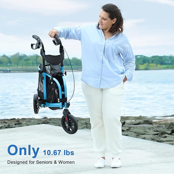 WALK MATE 3 Wheel Rollator Walker with Seat for Slim Seniors, Padded Backrest Lightweight Foldable Walker Ideal for Elderly, 8 Inch Tri-Wheel Modern Mobility Walking Aid Aluminum, Blue