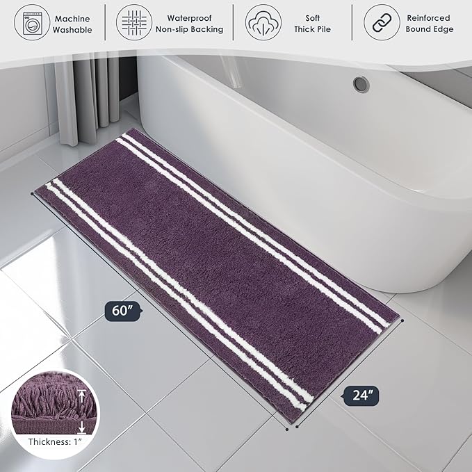 PURRUGS Bathroom Rug Non-Slip Machine Washable 24" x 60", Super Absorbent and Quick Dry Shaggy Microfiber Bath Mat, Extra Soft and Plush Bath Rug for Bathtub, Shower and Sink, Purple