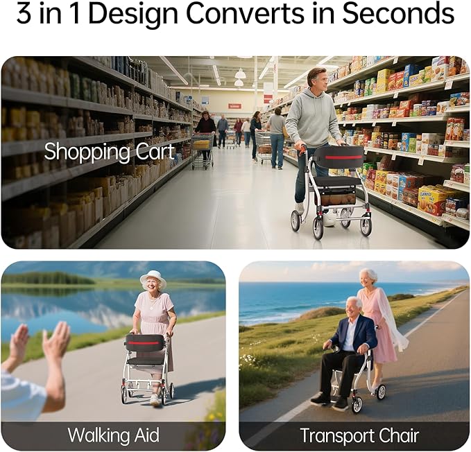 Rollator Walkers for Seniors with Seat, Foldable Lightweight Rolling Walker with 8" All Terrain Wheels, Height Adjustable 2 in 1 Walker Wheelchair Combo with Brake, No Installation, White