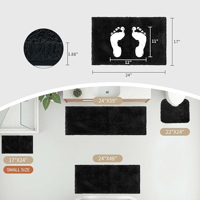 Bathroom Rug 24x48 Non Slip Fluffy Bath Mat for Bathroom Floor Washable Plush Luxury Bath Rug for Tub Soft Shower Mat, Black