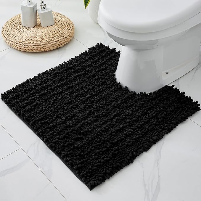 Toilet Rug 24x24 Non Slip Plush Bathroom Floor Mat U Shaped Washable Contour Rug for Toilet Absorbent Thick Foot Rug, Black