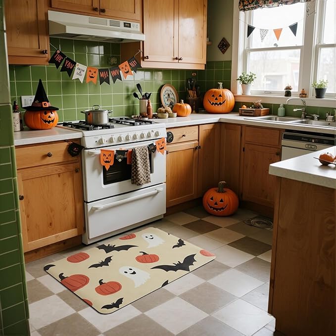 Halloween Bath Mat, Thin Bathroom Rug Non Slip Quick Dry Pumpkin Bath Mat Fits Under Door Thin Floor Mat Halloween Decor, 24''x36'', Pumpkins Bats and Ghost