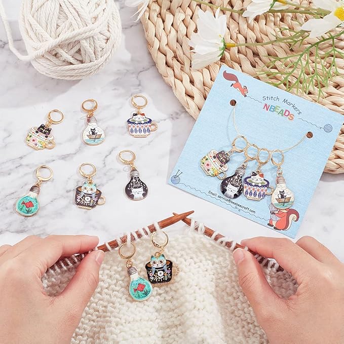 NBEADS 12 Pcs Cup Cat Stitch Markers, 6 Colors Alloy Enamel Cat Crochet Stitch Marker Charms Removable Locking Stitch Marker for Knitting Weaving Sewing Accessories Quilting Handmade Jewelry