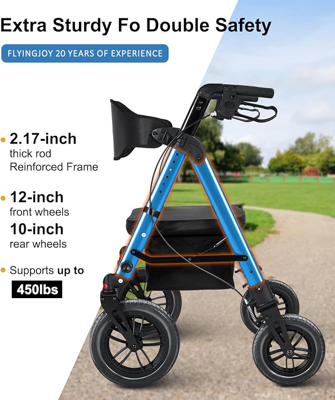 Rollator Walker with Seat,12" Front Wheels 10" Rear Rolling Walker, Extra-Wide Heavy-Duty Rollator Walker with Seat and Brakes for Seniors and Adults Bariatric with Large Aluminum (Blue)