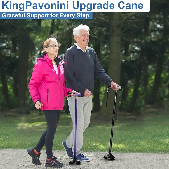 KingPavonini Walking Cane for Men Women Stability, Free Standing Foldable Cane, Ergonomic Handle Pivoting Quad Base, Heavy Duty 350 LBs, Adjustable Walking Canes for Seniors Balance with Travel Bag