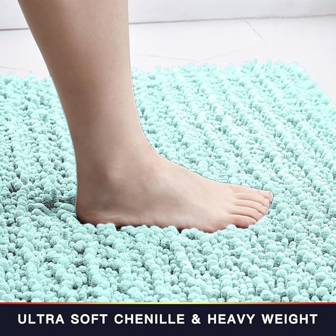 Walensee Bathroom Rug Non Slip Bath Mat (24x17 Inch Spa Blue) Water Absorbent Super Soft Shaggy Chenille Machine Washable Dry Extra Thick Perfect Absorbant Best Small Plush Carpet for Shower Floor