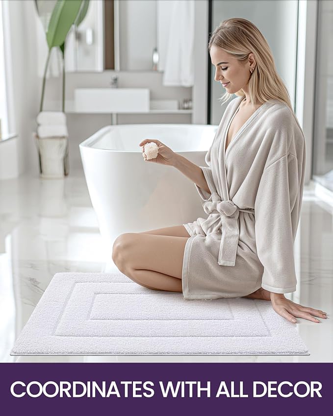 DEXI Bathroom Rug 24x16, Non Slip Washable Bath Mat for Shower Floor, Absorbent Soft Bathmat with Rubber Backing, Quick Dry Microfiber Carpet, White