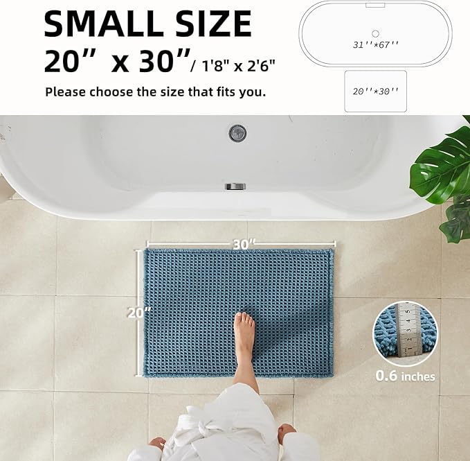 Waffle Bath Mat, Boho Bathroom Rugs Non Slip Washable Super Absorbent Quick Dry Bath Mat Farmhouse Bathroom Decor, 30"x20" Denim Blue